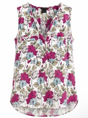 Ann Taylor Floral Sleeveless Blouse Women’s XS Pink Blue V Neck Pocket